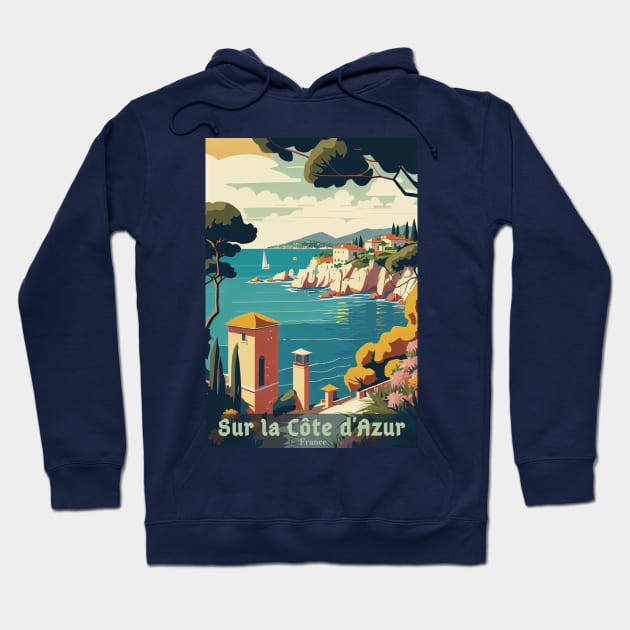 Cote d Azur vintage travel poster Hoodie by GreenMary Design